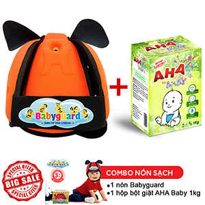 Combo Nón Bảo Vệ Bé Babyguard cam logo Doremon và hộp Bột giặt cao cấp AHA BABY 1kg