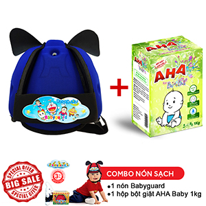 Combo Nón Bảo Vệ Bé Babyguard Xanh bích logo Doremon3 và hộp Bột giặt cao cấp AHA BABY 1kg