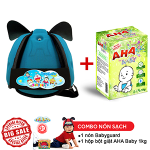 Combo Nón Bảo Vệ Bé Babyguard Xanh ngọc logo Doremon3 và hộp Bột giặt cao cấp AHA BABY 1kg