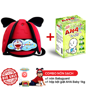 Combo Nón Bảo Vệ Bé Babyguard Đỏ logo Doremon3 và hộp Bột giặt cao cấp AHA BABY 1kg
